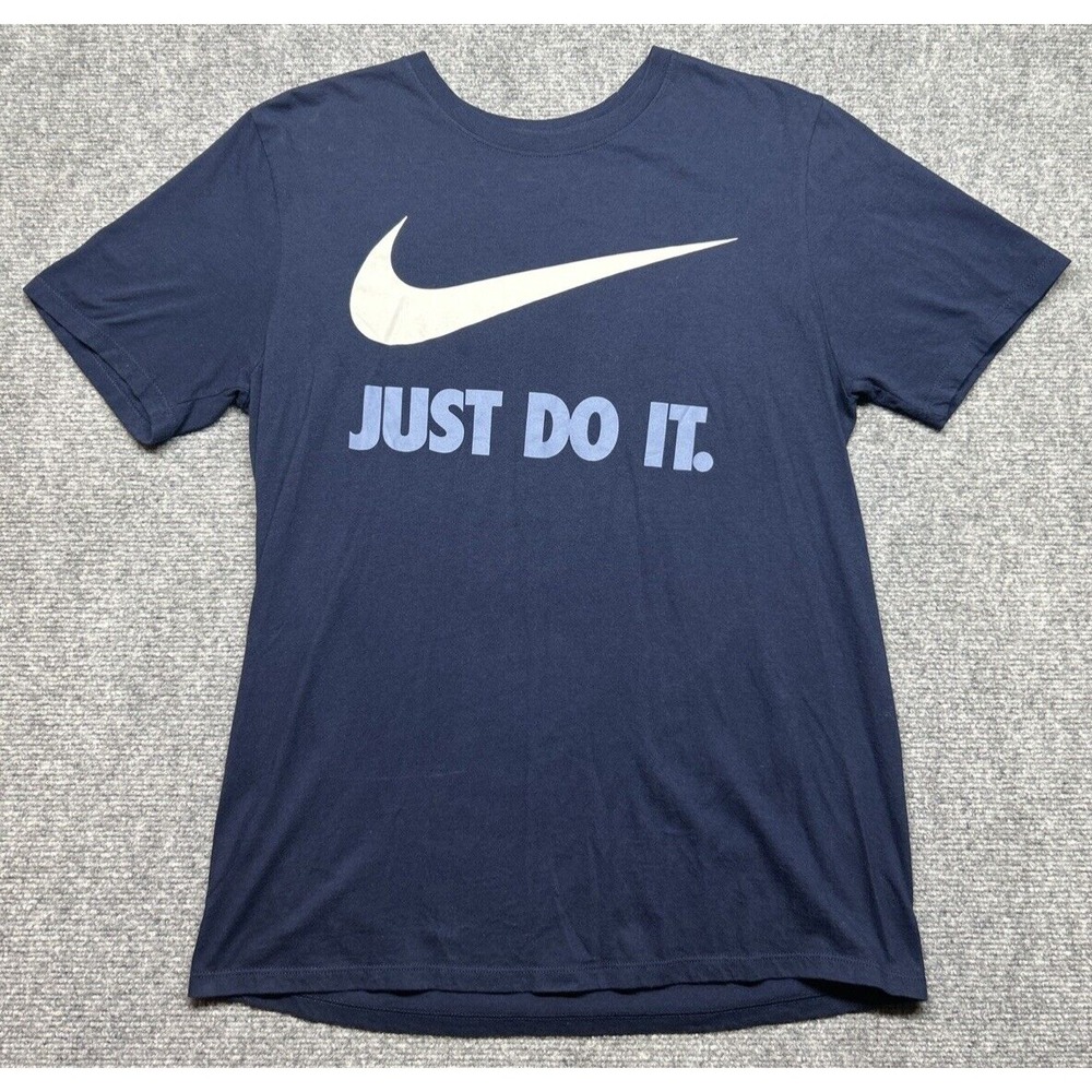 Nike Shirt Mens M Blue White Swoosh Spell Out Logo Just Do It Crew Neck Athletic